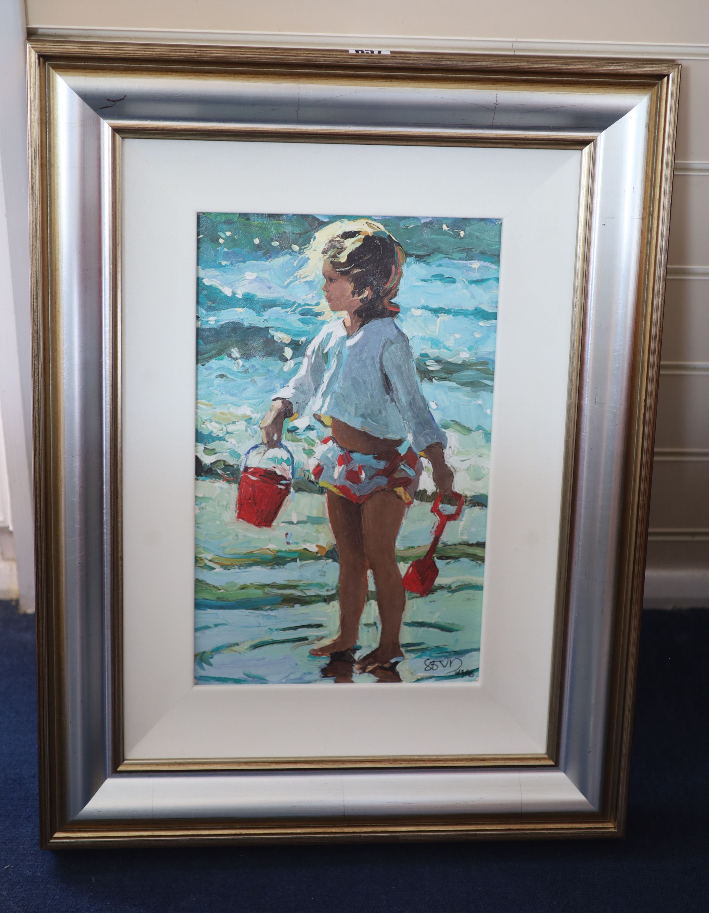 Sherree Valentine Daines, hand embellished canvas, Seaside Sandcastles, 143/195, with COA, 39 x 24cm.